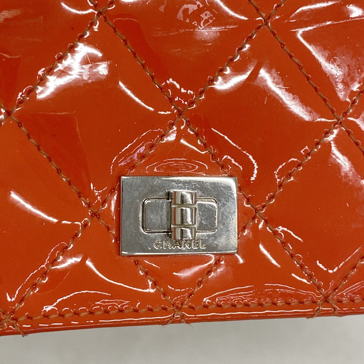 Chanel Wallet 2.55 Quilted Patent Leather Orange Silver — view 7