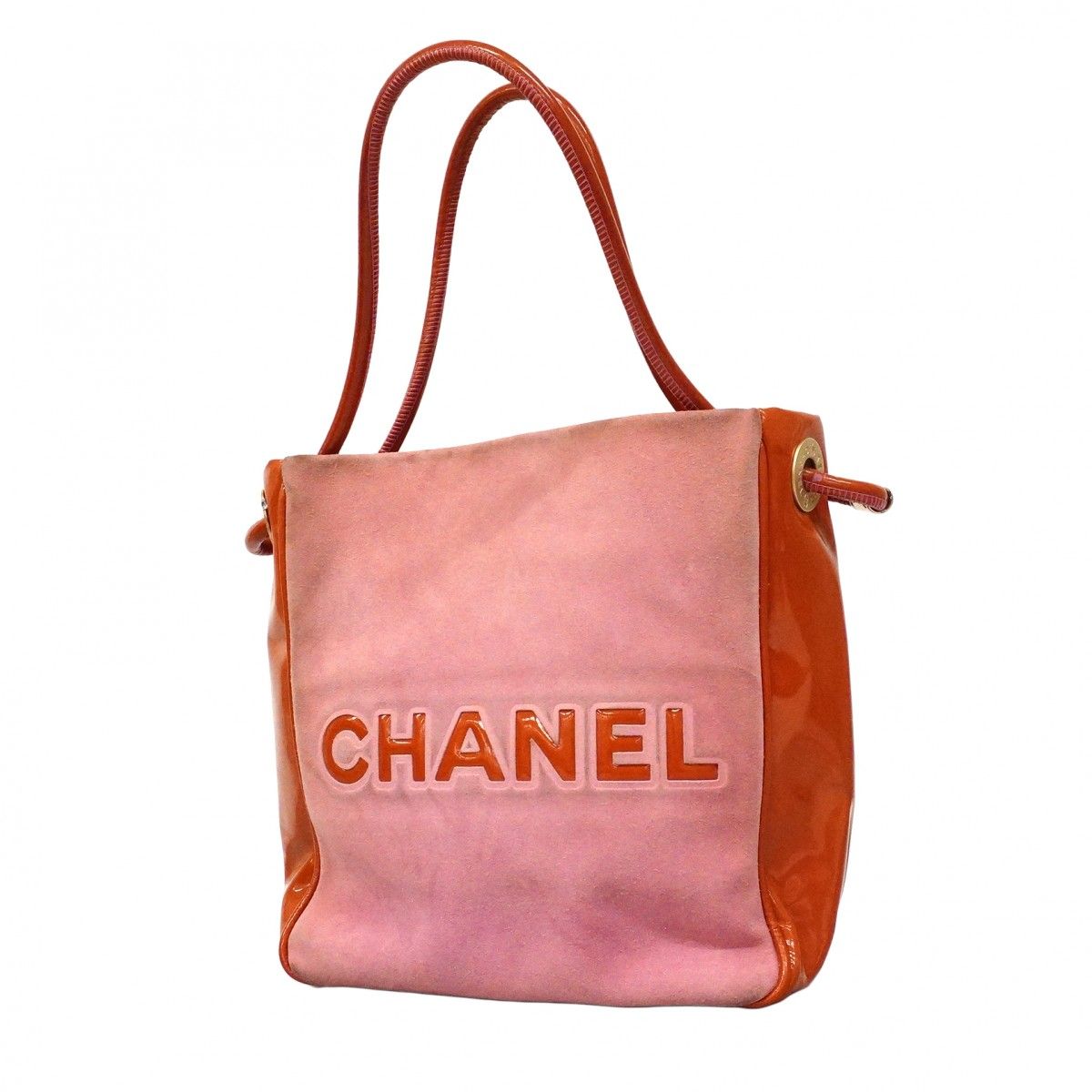 Chanel Tote Camellia Suede Patent Pink Orange Champagne Gold