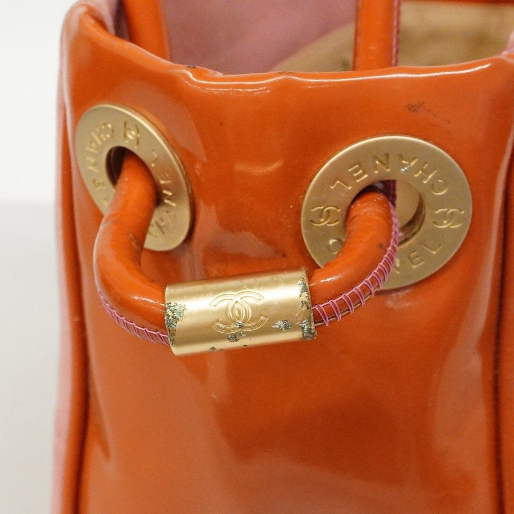 Chanel Tote Camellia Suede Patent Pink Orange Champagne Gold — view 8