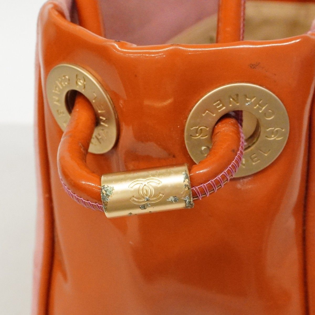 Chanel Tote Camellia Suede Patent Pink Orange Champagne Gold — view 8