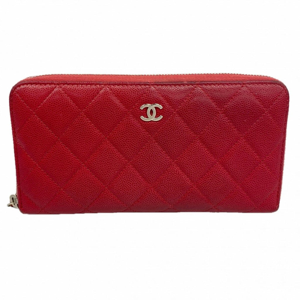 Chanel Wallet Quilted Caviar Leather Red Silver