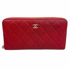 Chanel Wallet Quilted Caviar Leather Red Silver