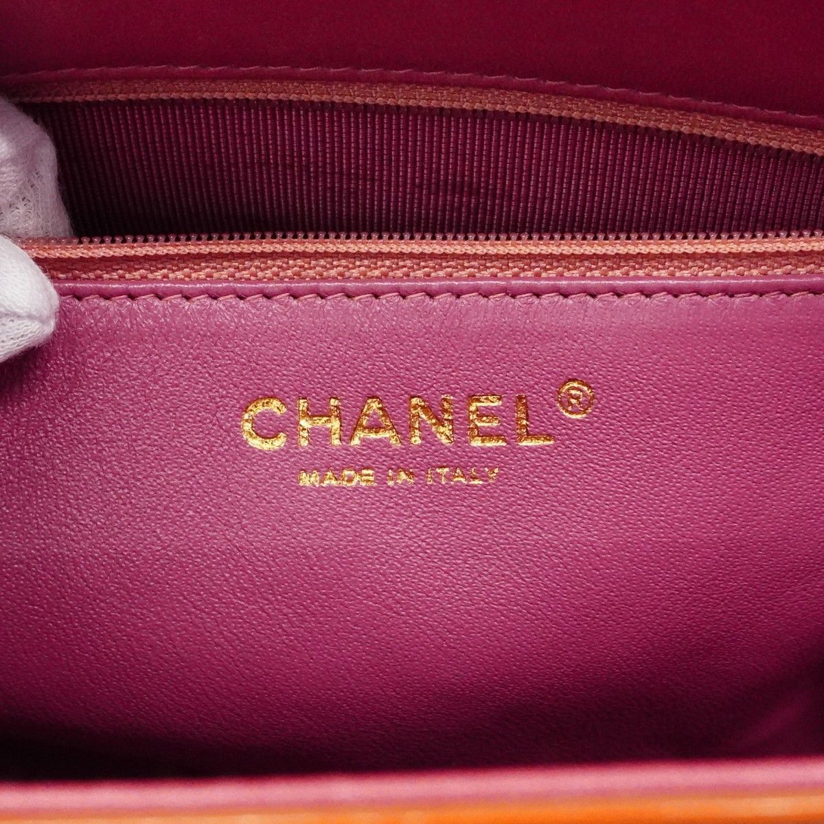Chanel Tote Choco Bar Patent Leather Pink Orange Champagne Gold — view 5