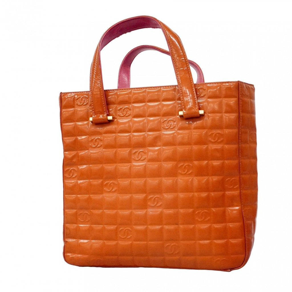 Chanel Tote Choco Bar Patent Leather Pink Orange Champagne Gold