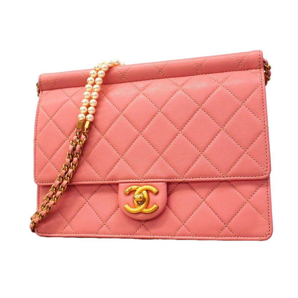 Chanel Shoulder Bag Quilted Leather Pink Gold