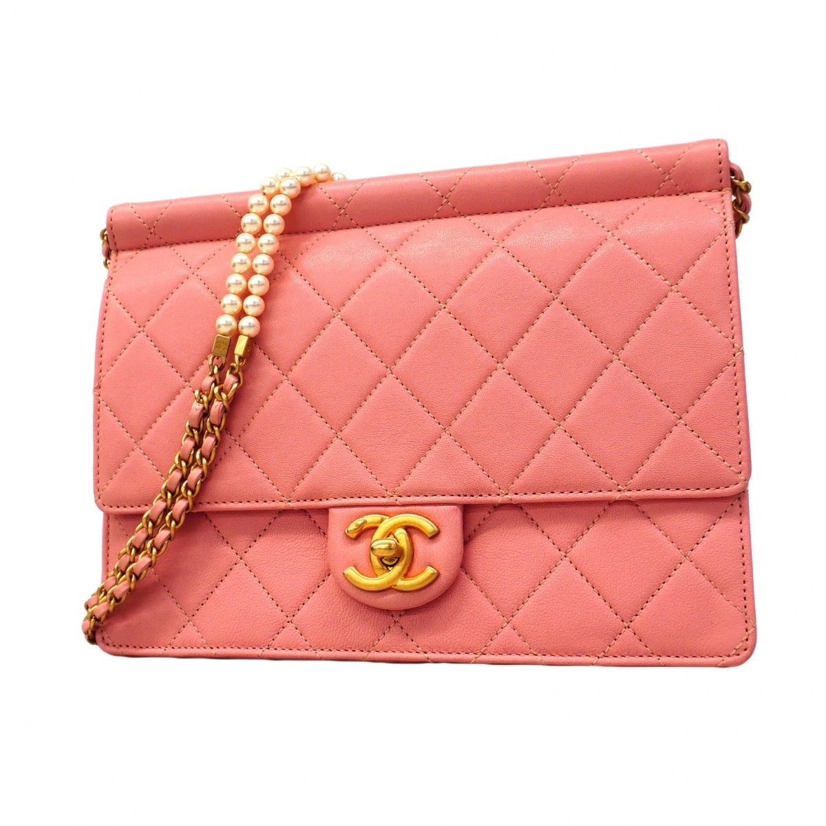Chanel Shoulder Bag Quilted Leather Pink Gold