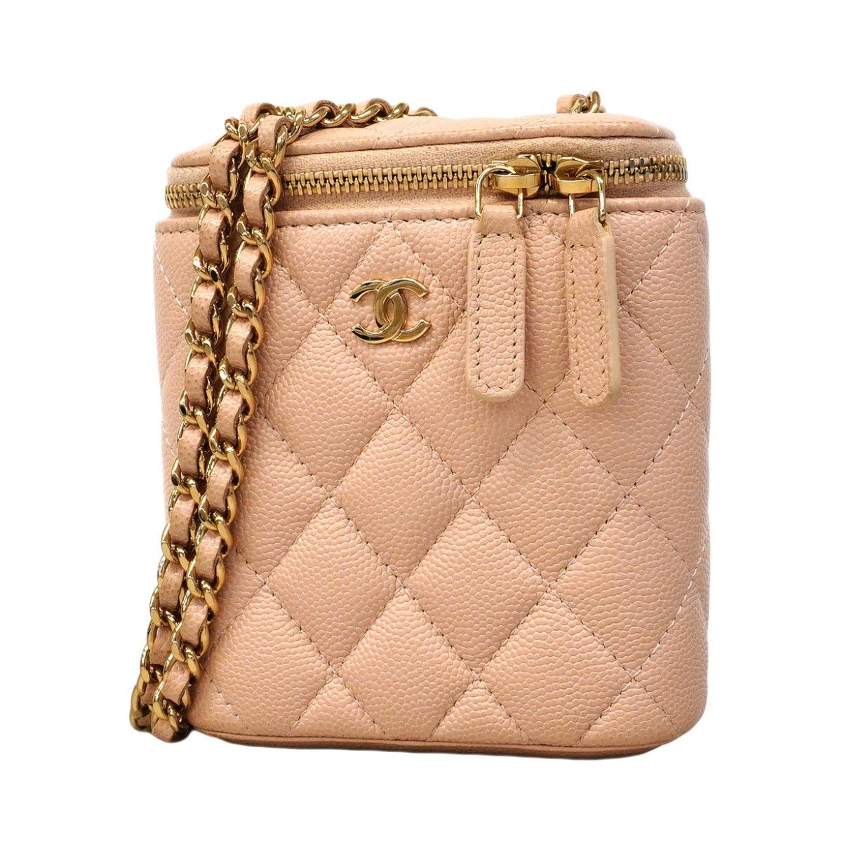 Chanel Shoulder Bag Quilted Caviar Leather Pink Beige Champagne Gold
