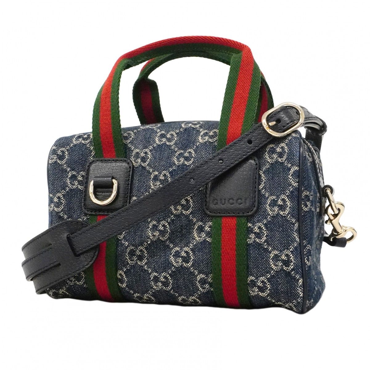 Gucci Handbag Sherry Line Denim Blue Champagne Gold 2-Way