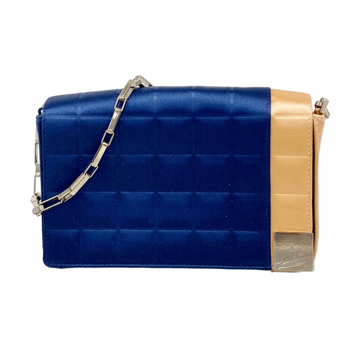 Chanel Shoulder Bag Choco Bar Satin Navy Orange Silver