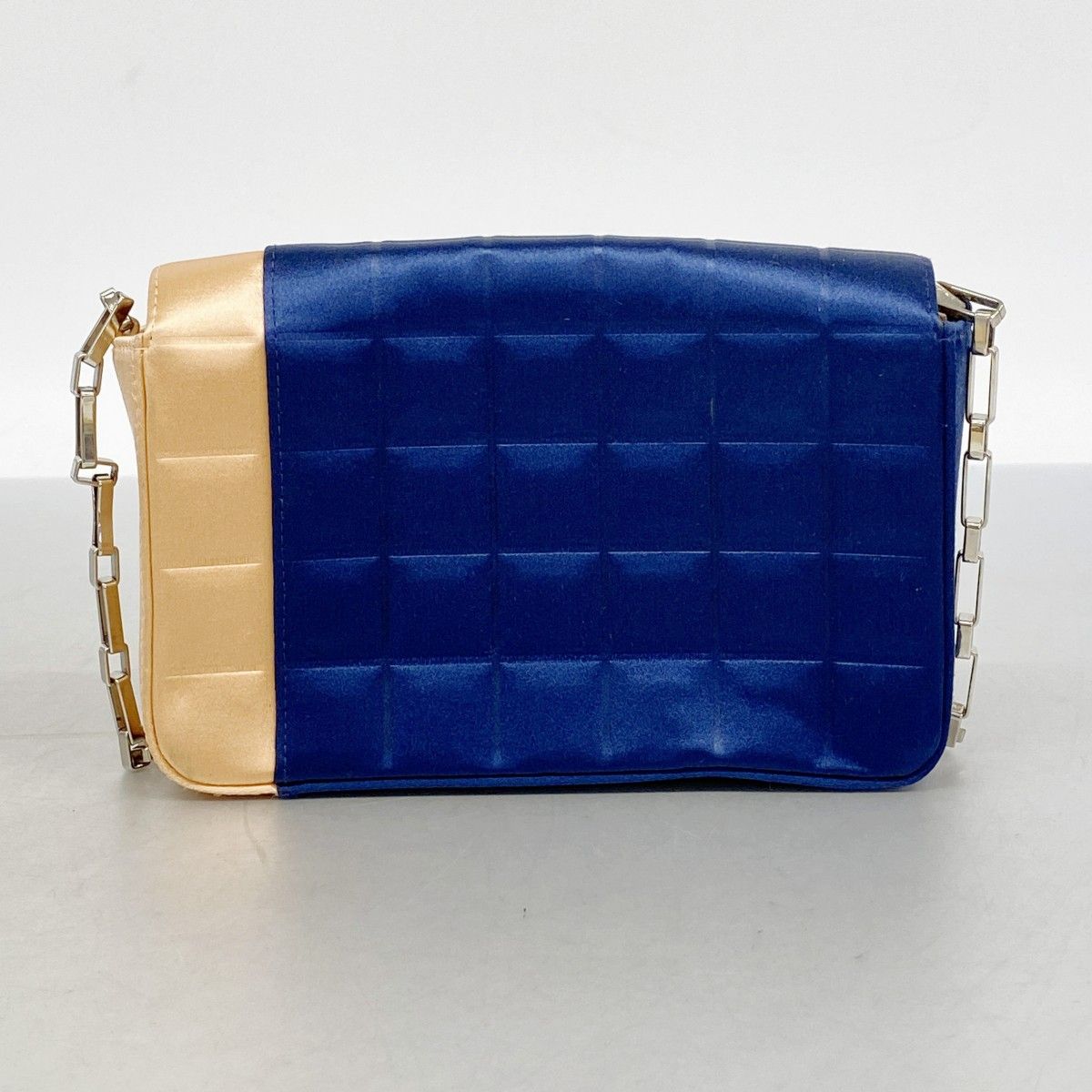 Chanel Shoulder Bag Choco Bar Satin Navy Orange Silver — view 9