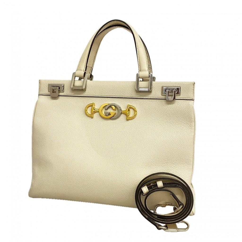 Gucci Handbag Zumi Leather White Gold Silver 2-Way
