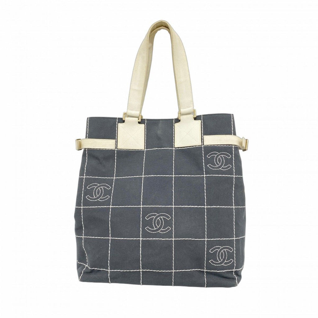 Chanel Tote Choco Bar Canvas Gray Champagne Gold