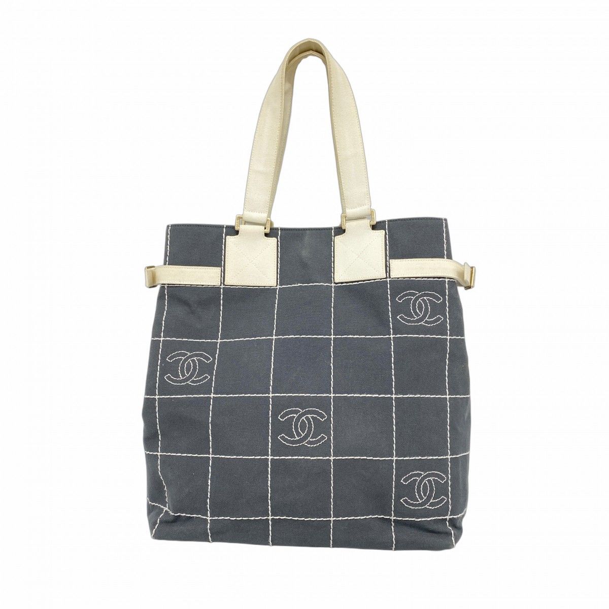 Chanel Tote Choco Bar Canvas Gray Champagne Gold