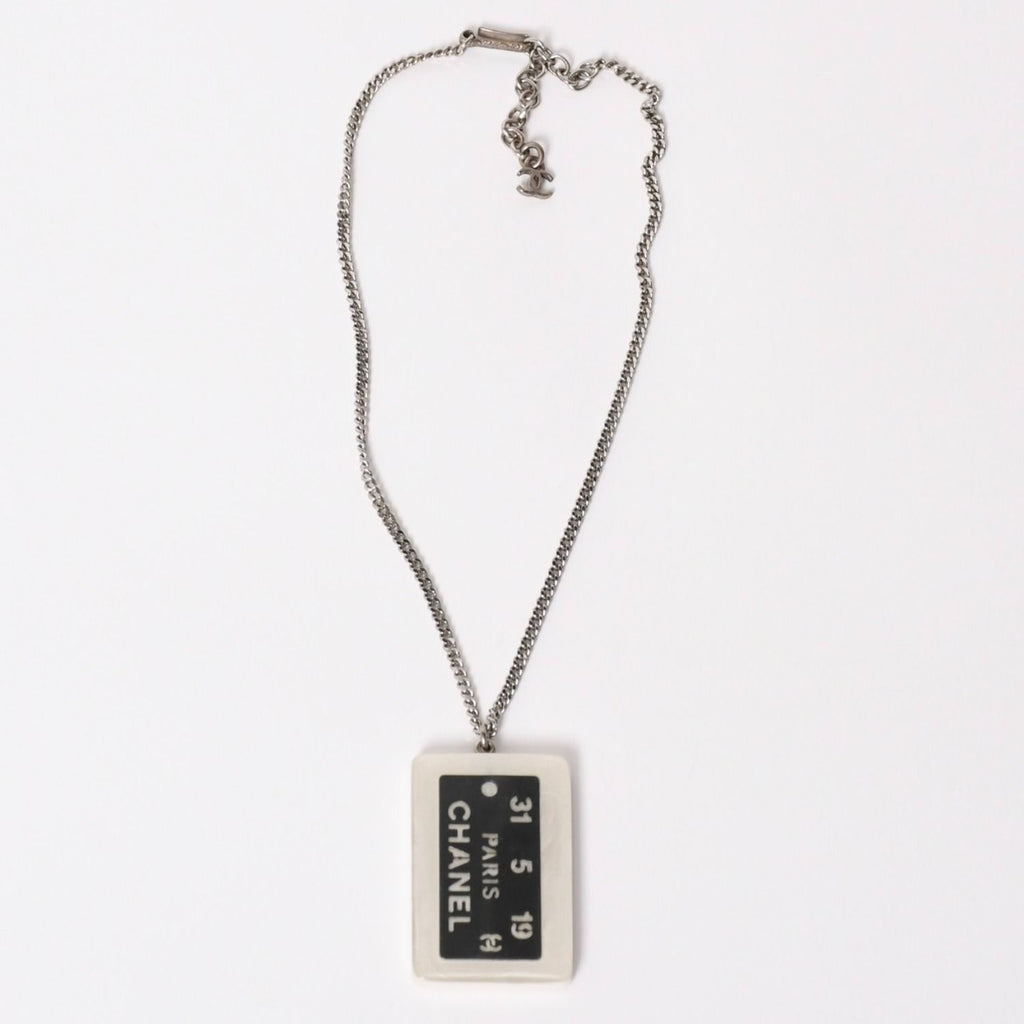 Chanel Plate Necklace White Silver Chain