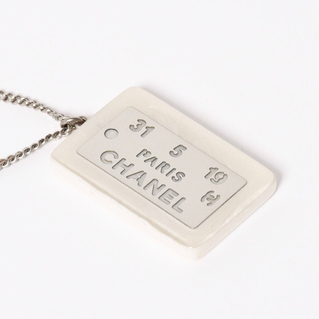 Chanel Plate Necklace White Silver Chain — view 2