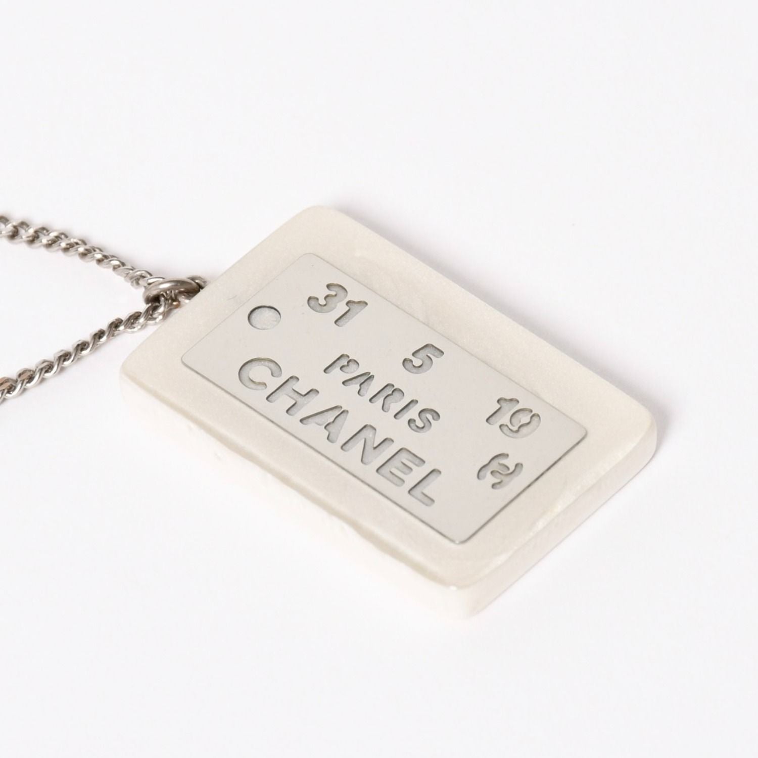 Chanel Plate Necklace White Silver Chain — view 2