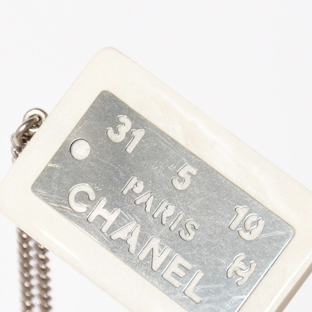 Chanel Plate Necklace White Silver Chain — view 4