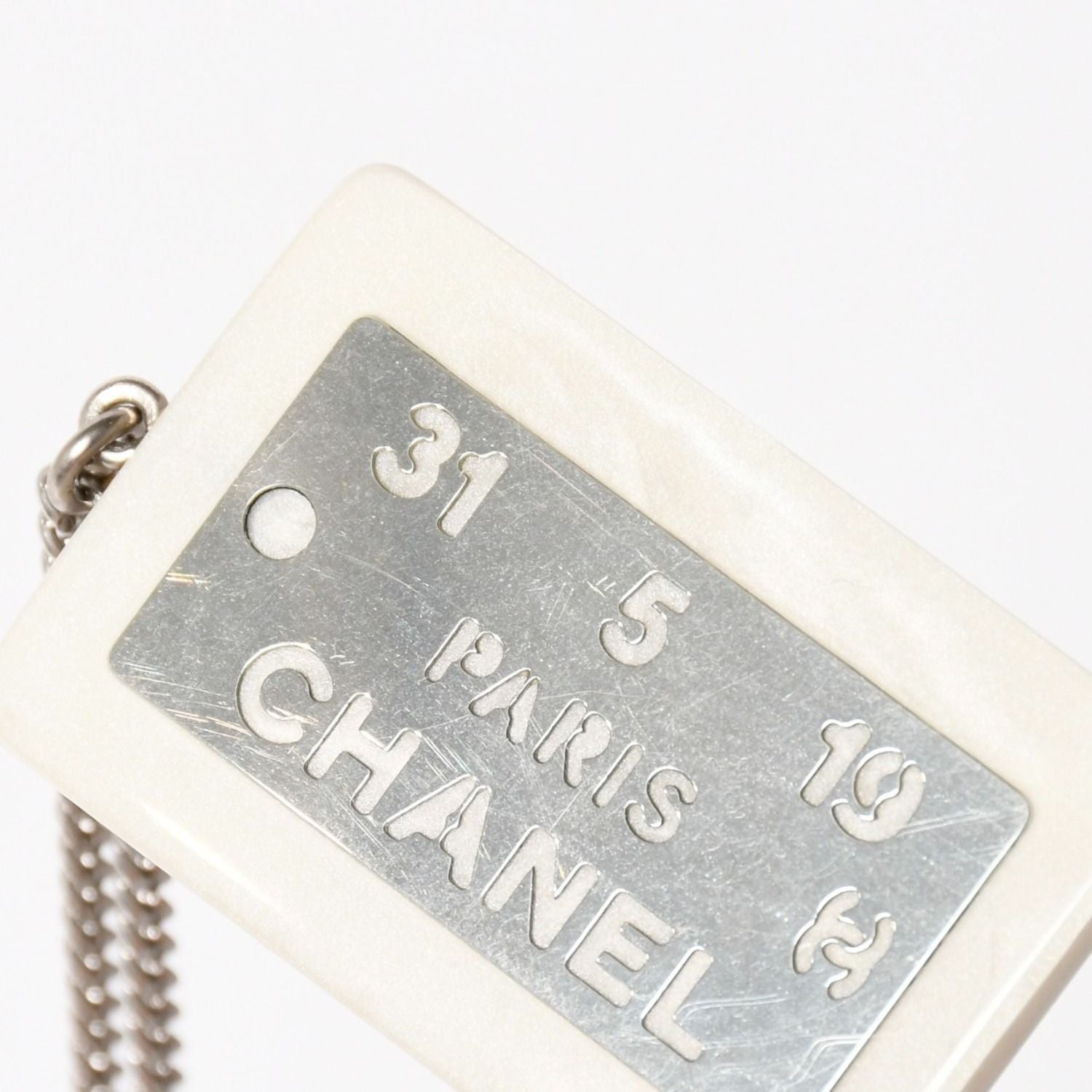 Chanel Plate Necklace White Silver Chain — view 4
