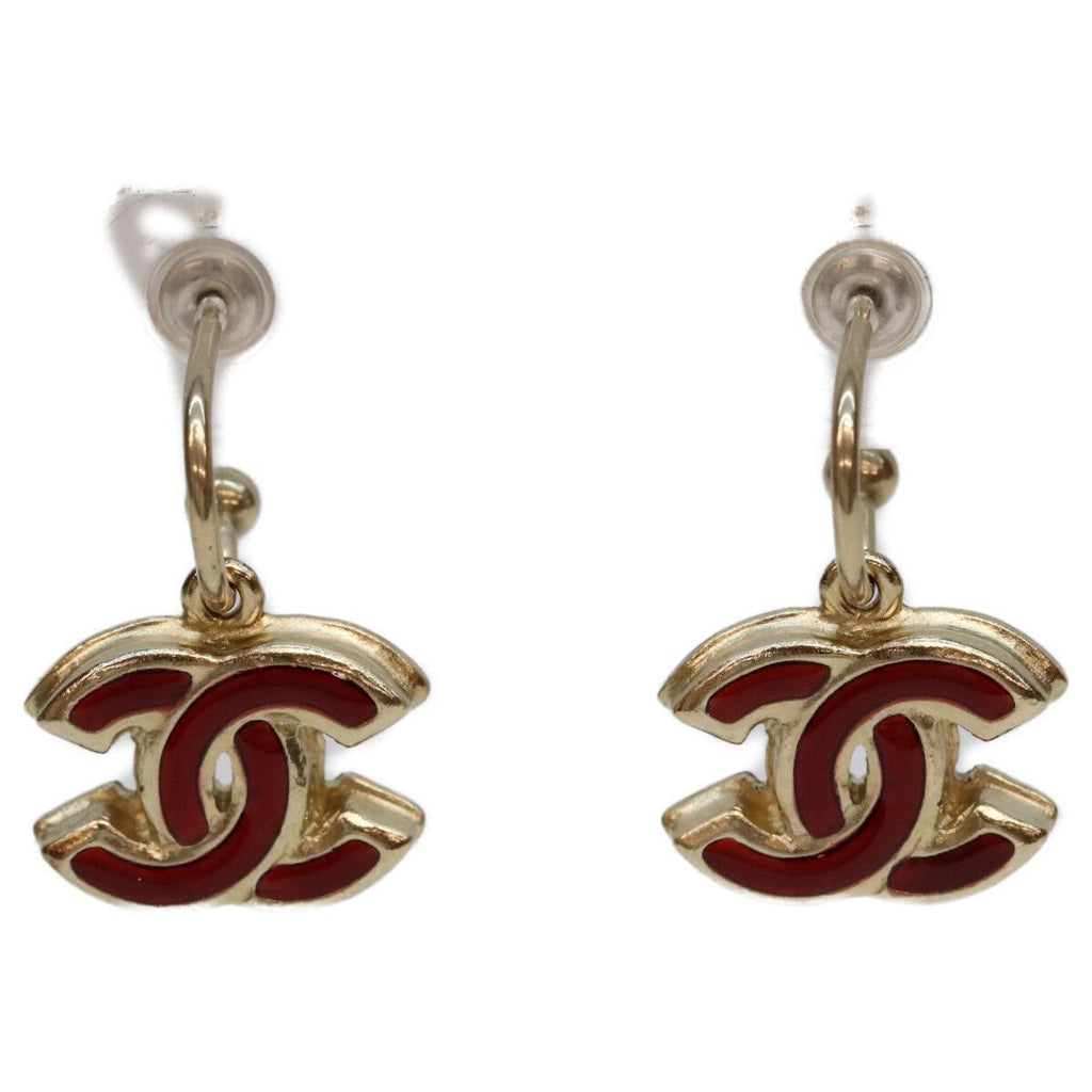 Chanel Gold Red CC Logo Hoop Earrings