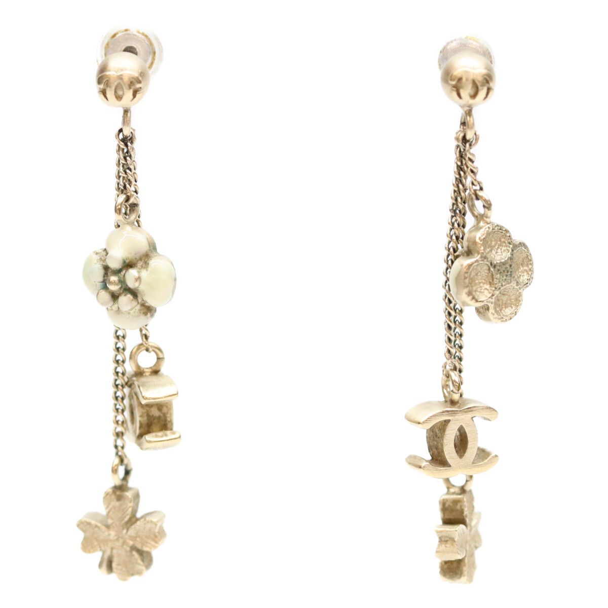 Chanel Gold CC Logo Clover Chain Earrings