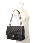 Chanel Black Shiny Lamb Gold Quilted Single Flap Double Chain Shoulder — view 7