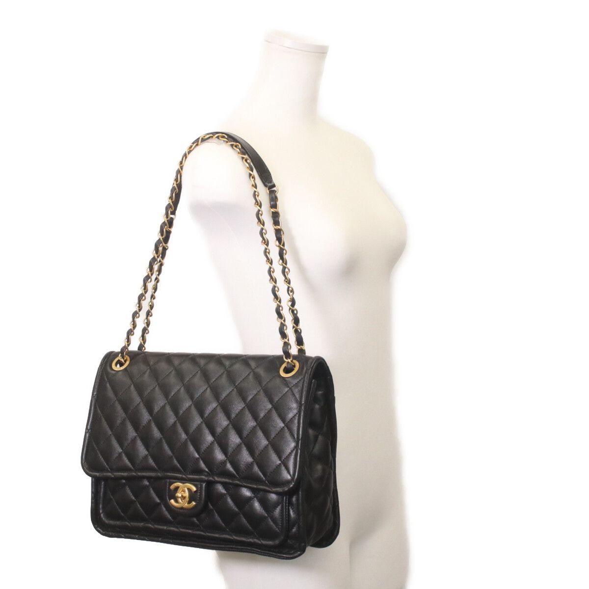 Chanel Black Shiny Lamb Gold Quilted Single Flap Double Chain Shoulder — view 7