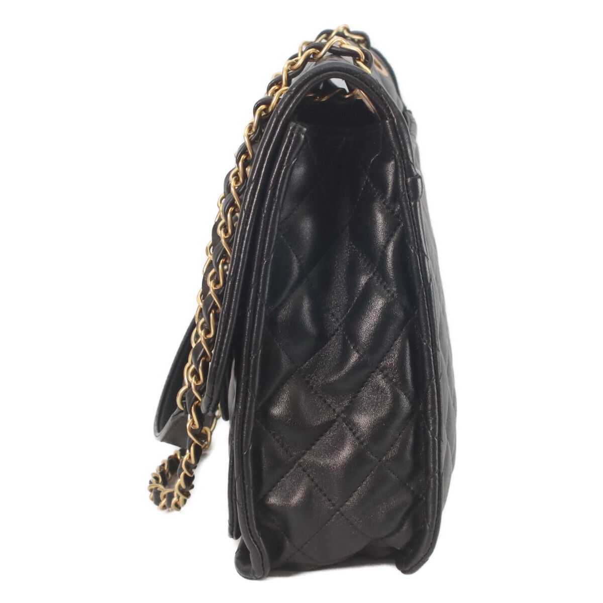 Chanel Black Shiny Lamb Gold Quilted Single Flap Double Chain Shoulder — view 2