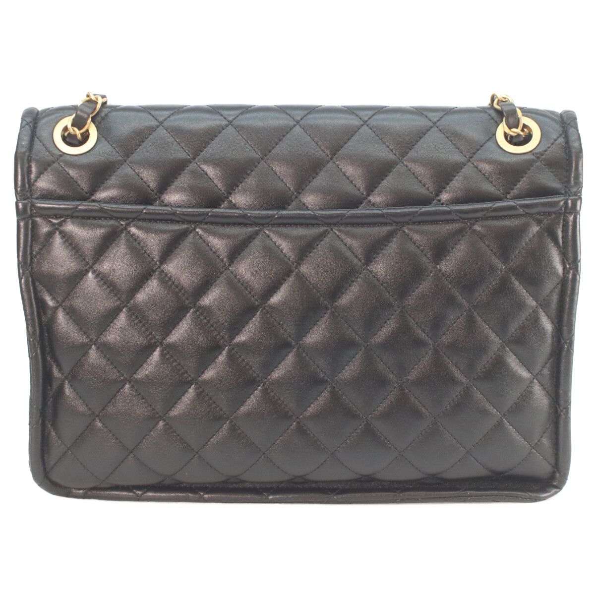 Chanel Black Shiny Lamb Gold Quilted Single Flap Double Chain Shoulder — view 3