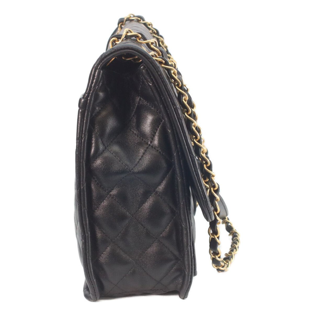 Chanel Black Shiny Lamb Gold Quilted Single Flap Double Chain Shoulder — view 4