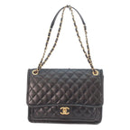 Chanel Black Shiny Lamb Gold Quilted Single Flap Double Chain Shoulder