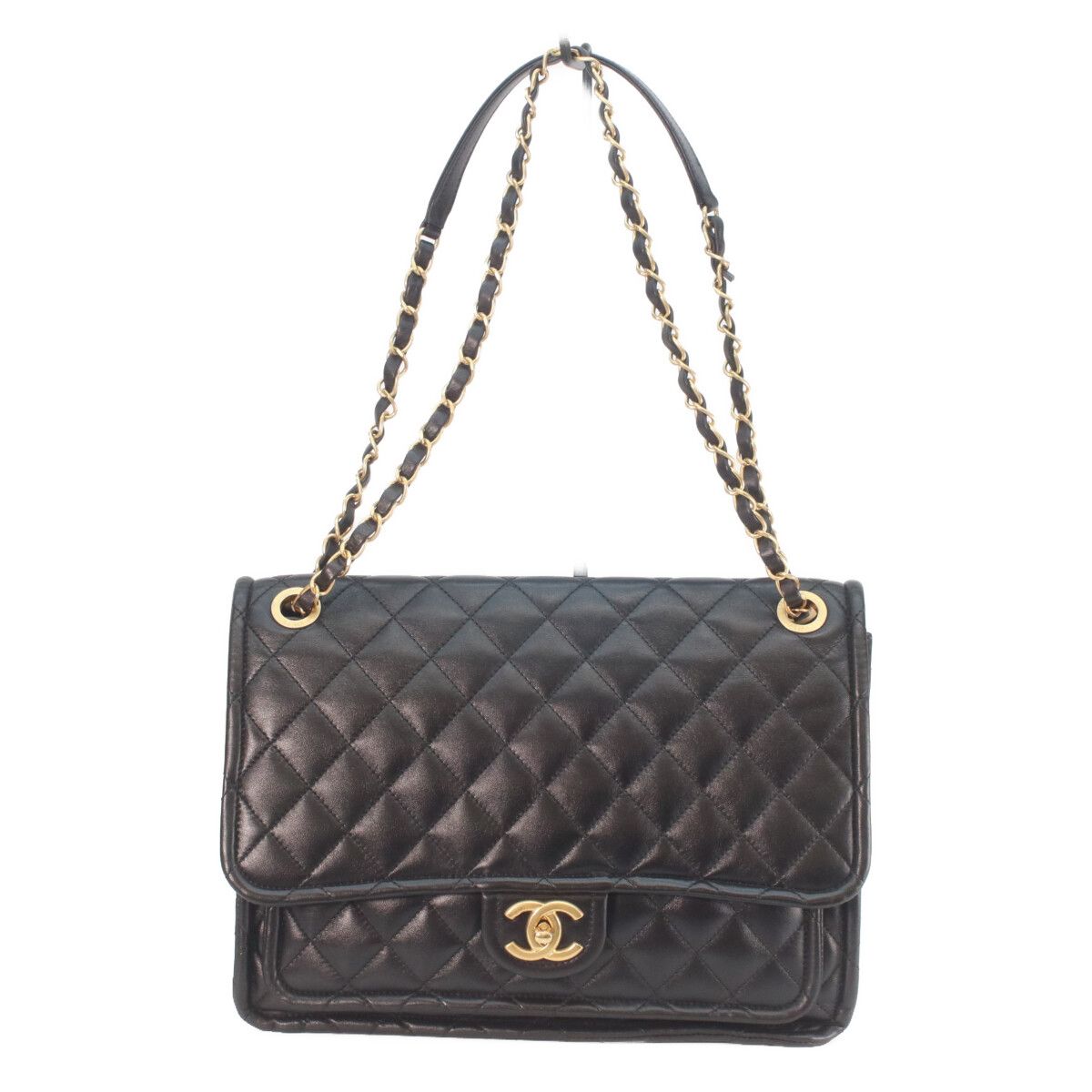 Chanel Black Shiny Lamb Gold Quilted Single Flap Double Chain Shoulder