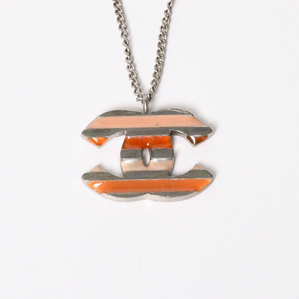 Chanel Necklace CC Logo Border Orange Pink Silver 05 — view 2