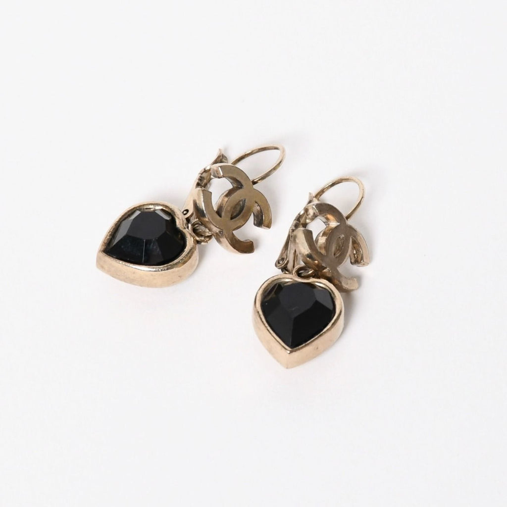 Chanel Earrings CC Logo Heart Black Silver 06