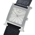 Hermes Watch Boys Quartz Stainless Steel Leather Silver Black a Polished