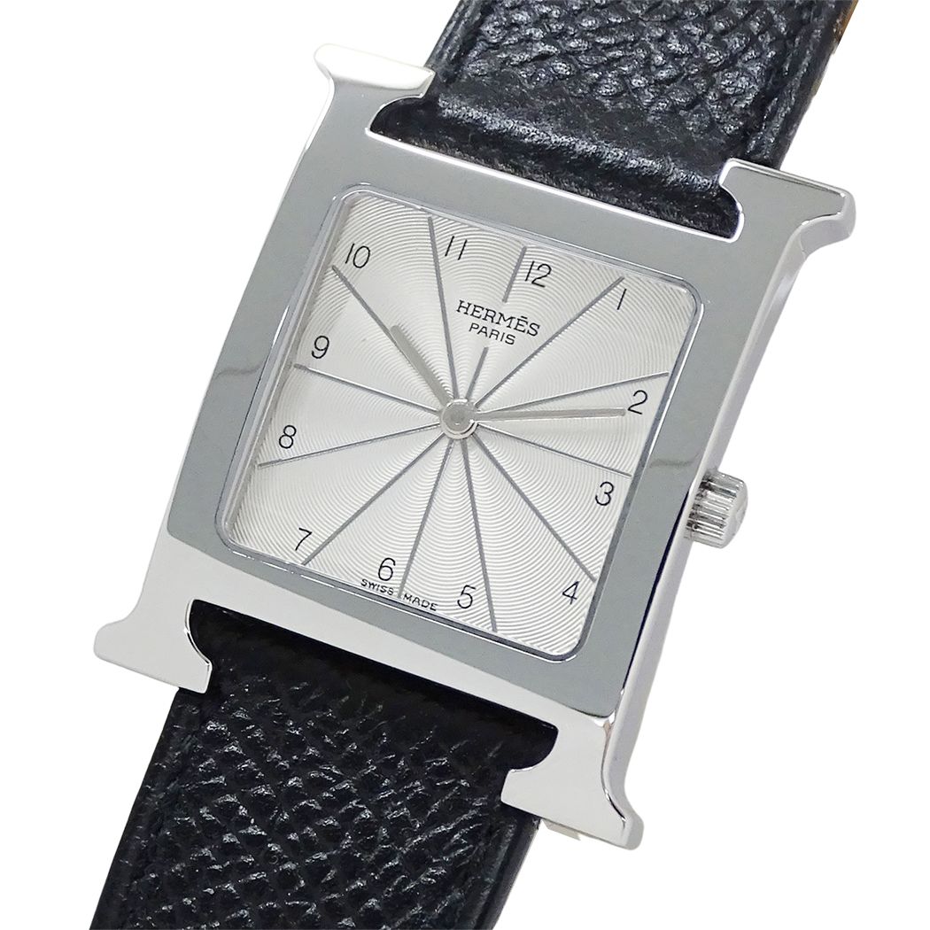 Hermes Watch Boys Quartz Stainless Steel Leather Silver Black a Polished