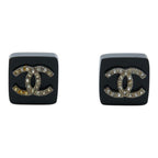 Chanel Vintage CC Logo Square Earrings Black Plastic Plated Rhinestone — view 2