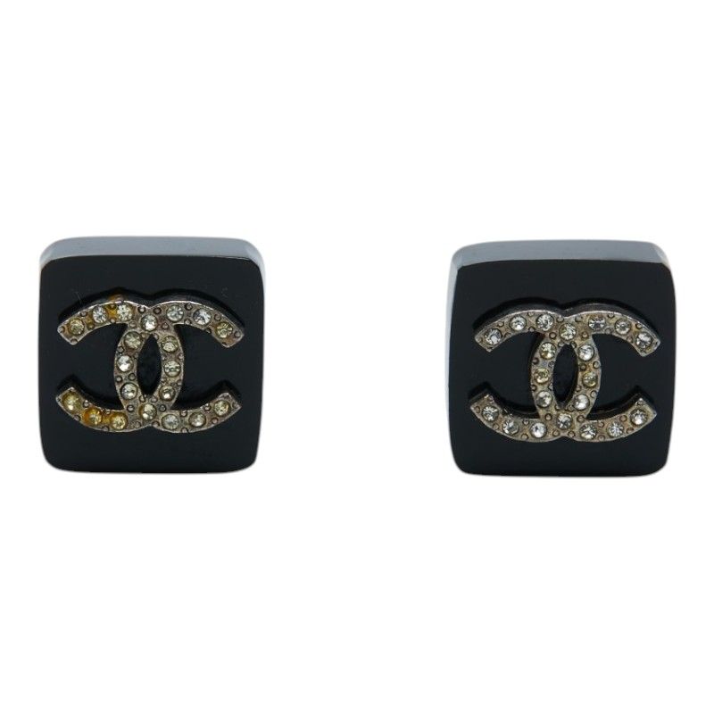 Chanel Vintage CC Logo Square Earrings Black Plastic Plated Rhinestone — view 2