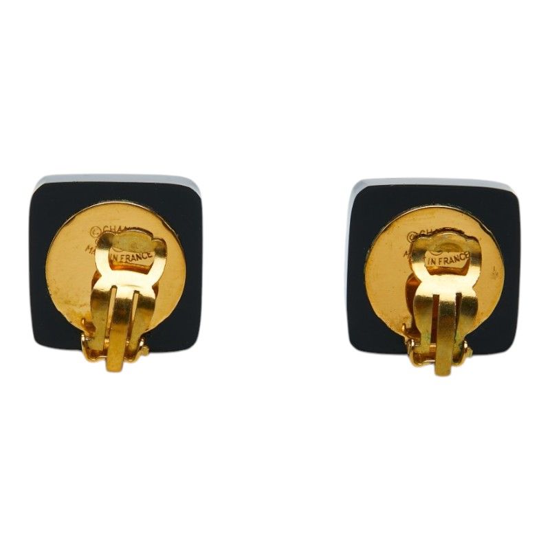 Chanel Vintage CC Logo Square Earrings Black Plastic Plated Rhinestone — view 3