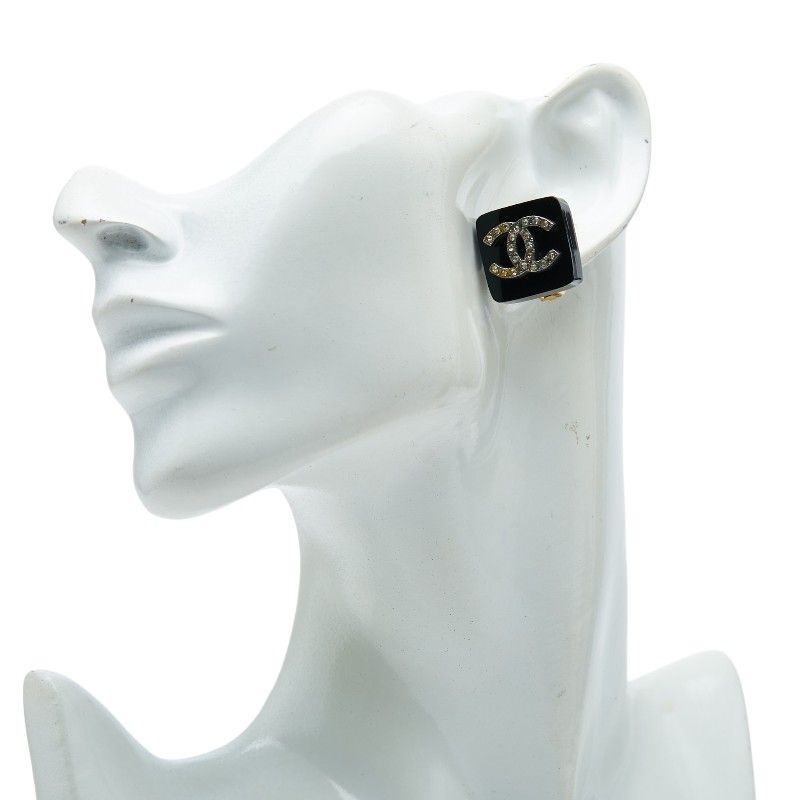 Chanel Vintage CC Logo Square Earrings Black Plastic Plated Rhinestone — view 5