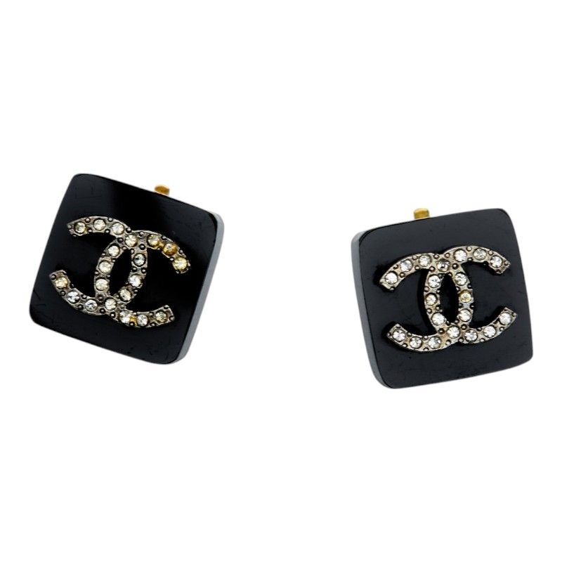 Chanel Vintage CC Logo Square Earrings Black Plastic Plated Rhinestone