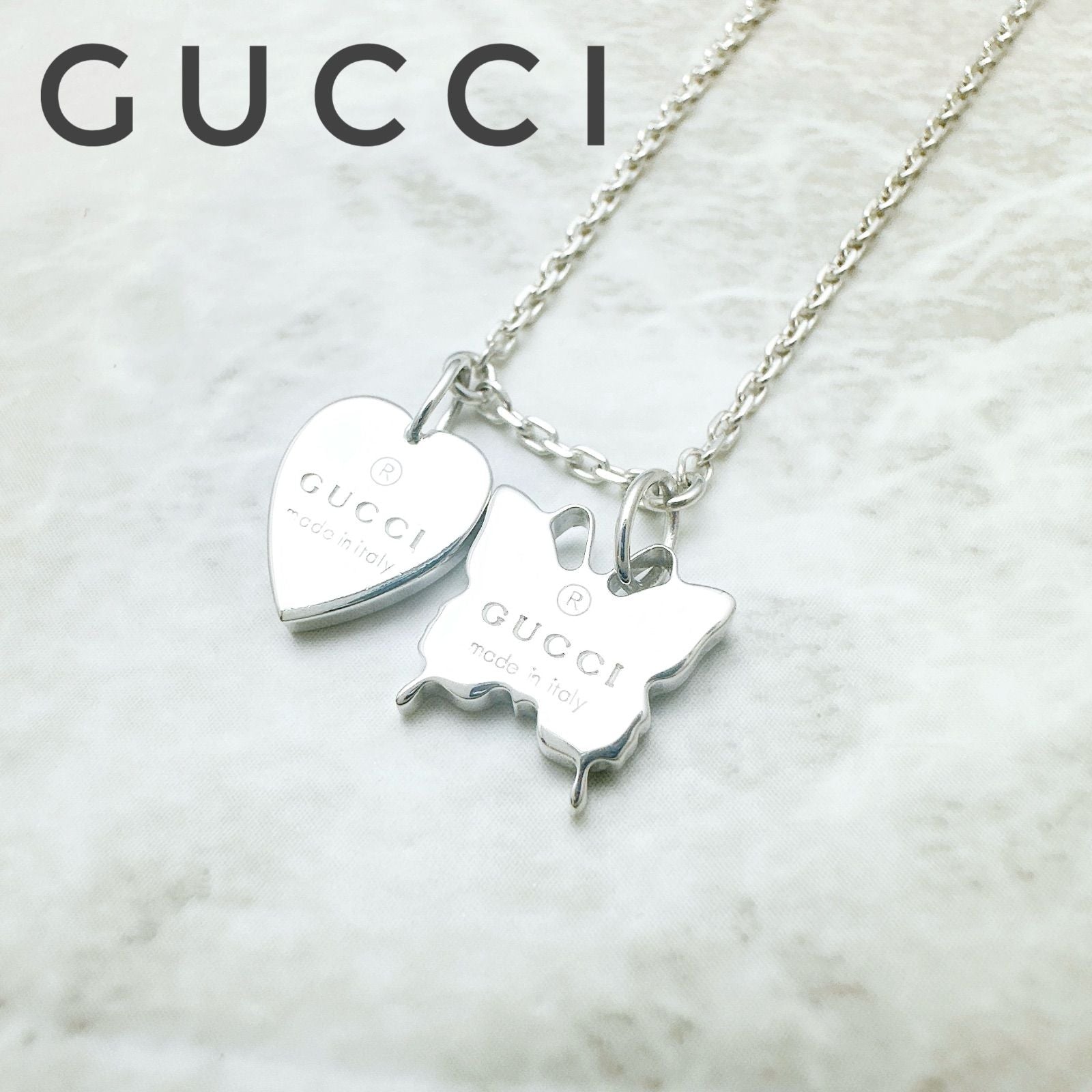 Gucci Trademark Butterfly & Heart Silver Necklace