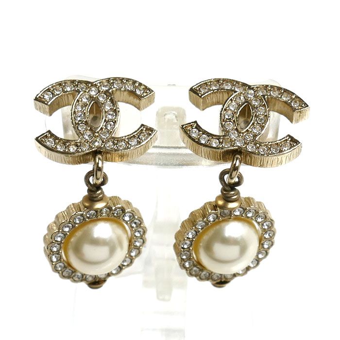 Chanel Metal CC Logo Rhinestone Faux Pearl Earrings