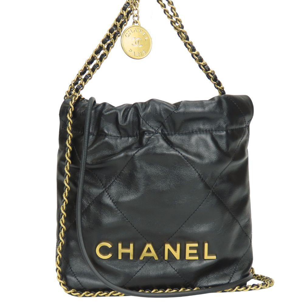 Chanel Shoulder Bag 22 Mini Shiny Calfskin Black Gold 2-Way Crossbody Chain