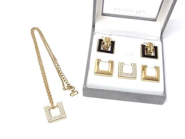Dior Pendant Change Necklace Earrings Set Gold Metal Rhinestone Square
