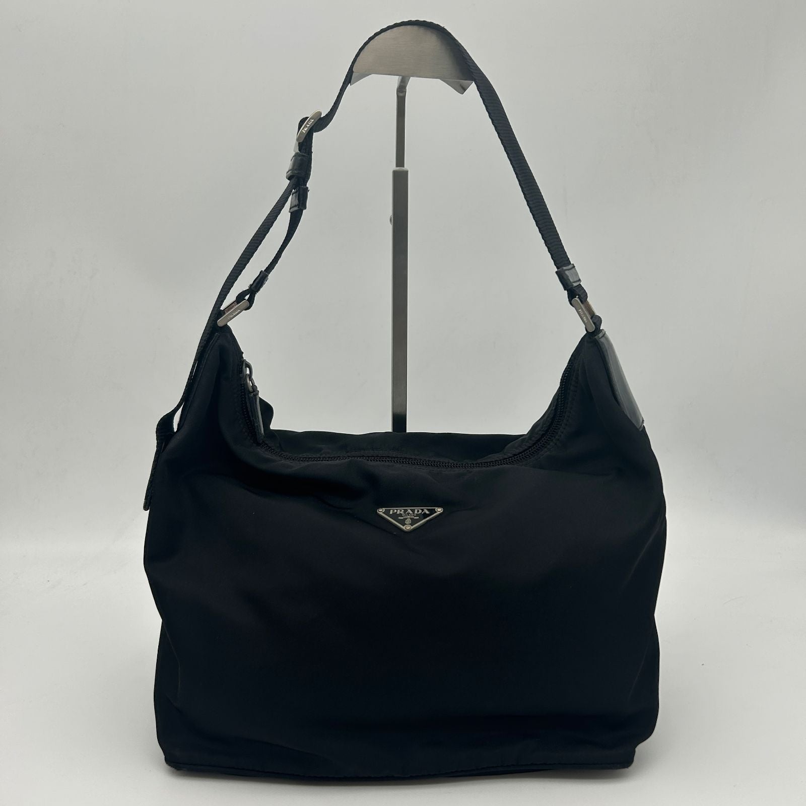 Prada Nylon Shoulder Bag Black Triangle Logo Silver
