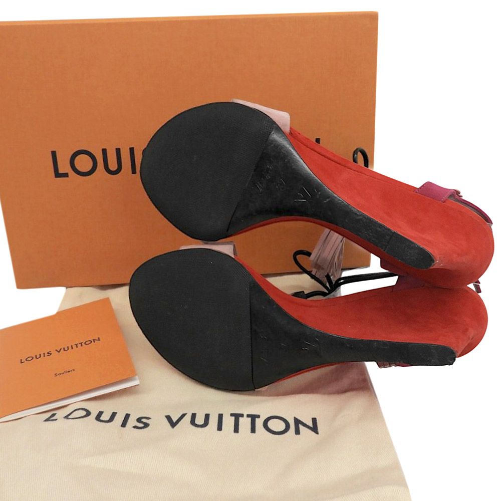 Louis Vuitton Wedge Sole Suede Sandals Shoes Pink Red — view 5