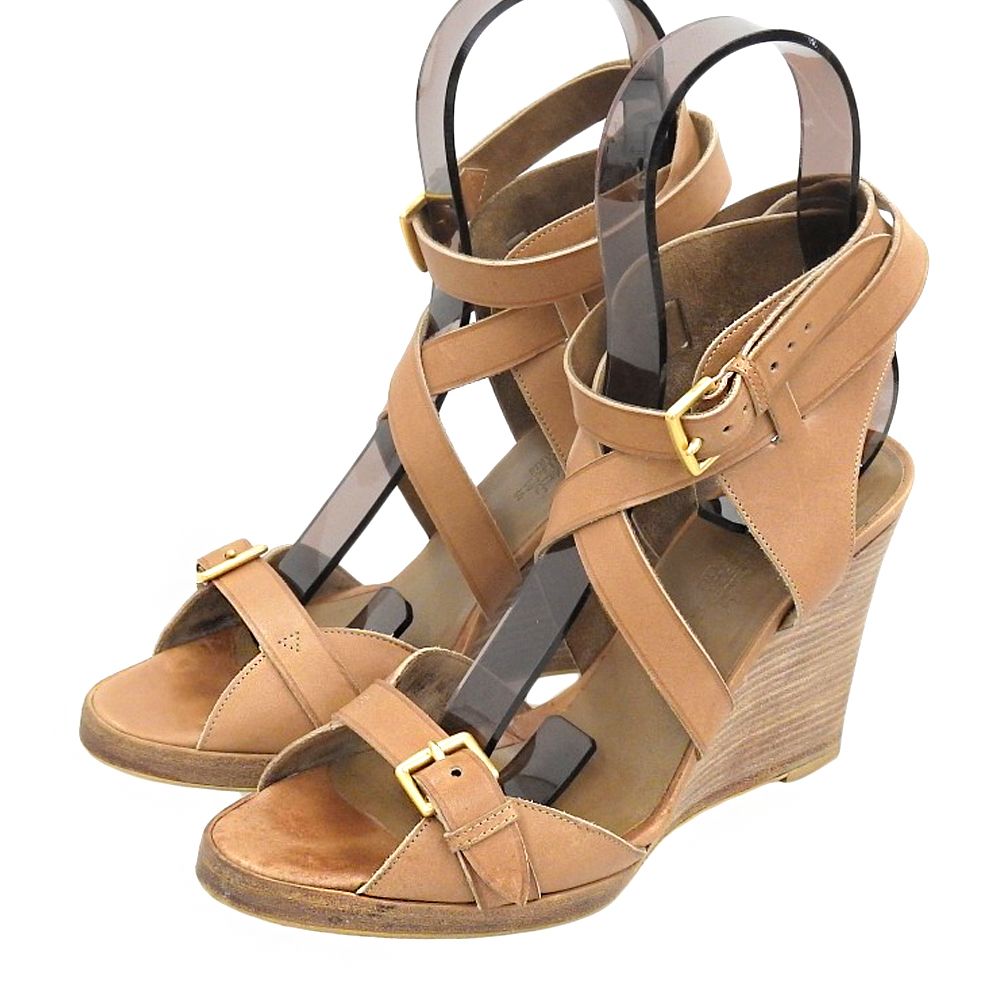 Hermes Wedge Sole Strap Leather Sandals Shoes Brown to