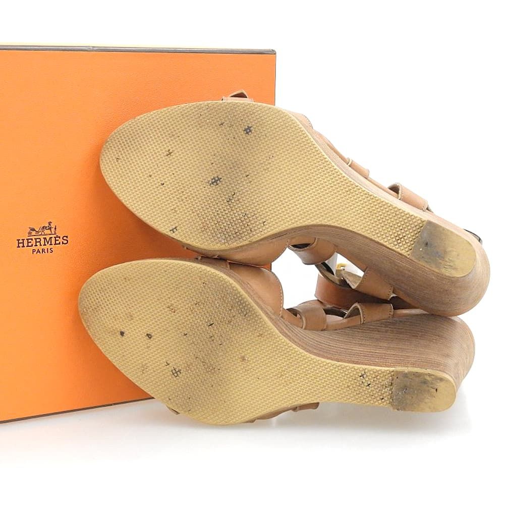 Hermes Wedge Sole Strap Leather Sandals Shoes Brown to — view 2