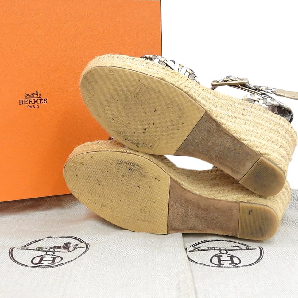 Hermes Ines Espadrilles Wedge Sole Braid Sandals Silver Gold Brown — view 2
