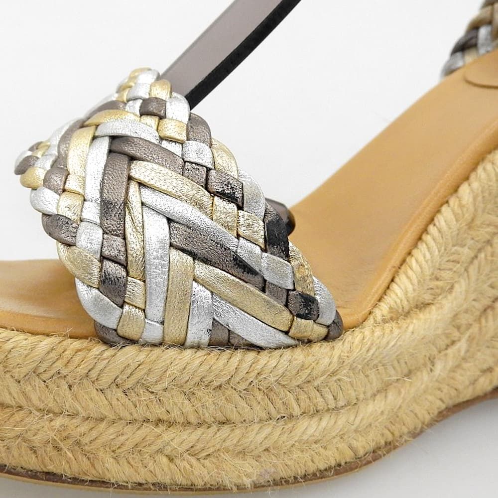 Hermes Ines Espadrilles Wedge Sole Braid Sandals Silver Gold Brown — view 4